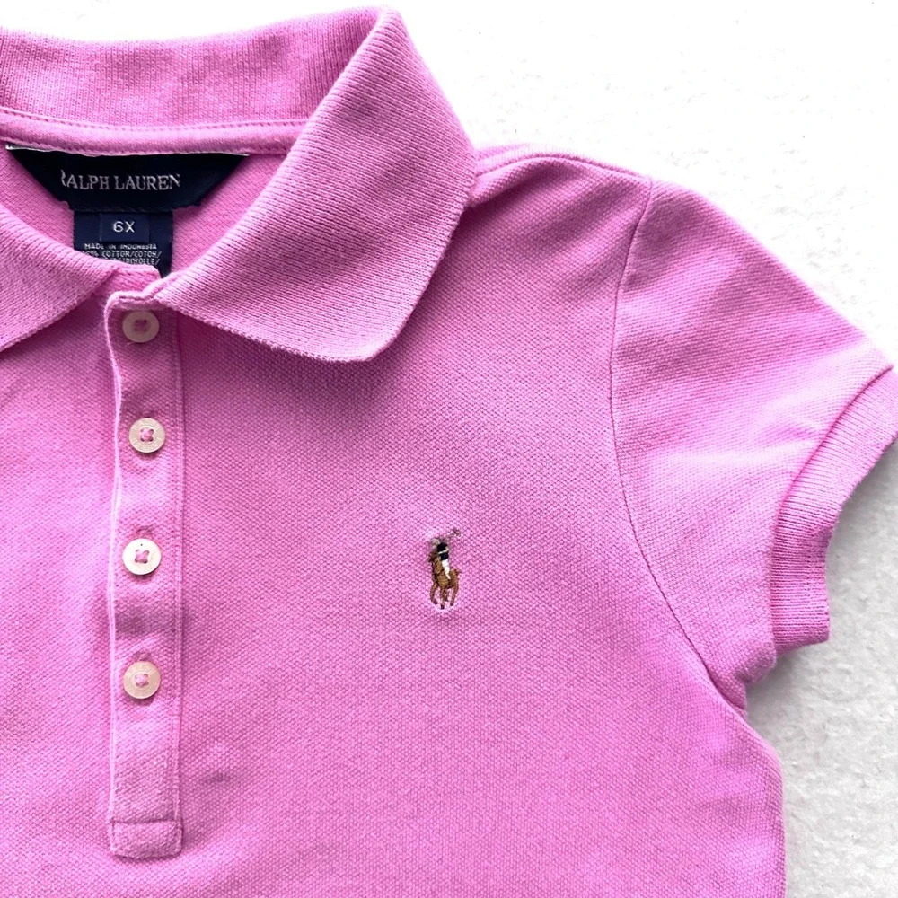 Ralph Lauren Girls 6X Vintage 90s Polo Shirt Fleah Pony Pink Cap Sleeve Cotton